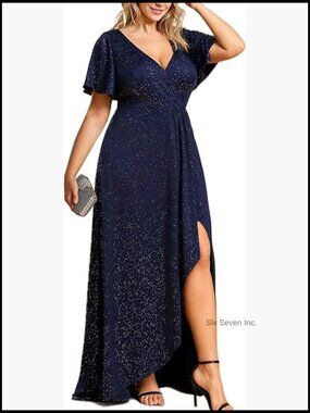Glitter Plus Size Formal Dress V-Neck Short Sleeve High Low Evening Gown